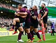 6 November 2021; Jonathan Sexton of Ireland, left, is congratulated by team-mates after scoring his side's fifth try during the Autumn Nations Series match between Ireland and Japan at Aviva Stadium in Dublin. Photo by David Fitzgerald/Sportsfile