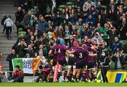 6 November 2021; Ireland players celebrate their side's fifth try scored by Jonathan Sexton during the Autumn Nations Series match between Ireland and Japan at Aviva Stadium in Dublin. Photo by Ramsey Cardy/Sportsfile