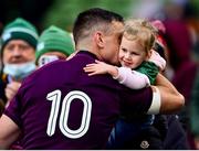 6 November 2021; Jonathan Sexton of Ireland hugs his daughter Sophie after the Autumn Nations Series match between Ireland and Japan at Aviva Stadium in Dublin. Photo by Brendan Moran/Sportsfile