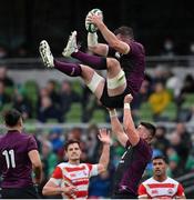6 November 2021; Peter O’Mahony, lifted by Dan Sheehan of Ireland during the Autumn Nations Series match between Ireland and Japan at Aviva Stadium in Dublin. Photo by Ramsey Cardy/Sportsfile