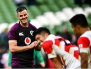 6 November 2021; Jonathan Sexton of Ireland shares a joke with Japanese players after the Autumn Nations Series match between Ireland and Japan at Aviva Stadium in Dublin. Photo by David Fitzgerald/Sportsfile