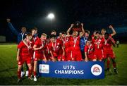 6 November 2021; Shelbourne captain David Toure lifts the shield after victory in the EA SPORTS U17 National League of Ireland Shield Final match between Shelbourne and Cobh Ramblers at Athlone Town Stadium in Athlone, Westmeath. Photo by Michael P Ryan/Sportsfile