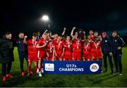 6 November 2021; Shelbourne captain David Toure lifts the shield along with his team and management after victory in the EA SPORTS U17 National League of Ireland Shield Final match between Shelbourne and Cobh Ramblers at Athlone Town Stadium in Athlone, Westmeath. Photo by Michael P Ryan/Sportsfile