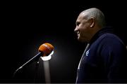 6 November 2021; DLR Waves manager Graham Kelly is interviewed by TG4 before the SSE Airtricity Women's National League match between Peamount United and DLR Waves at PLR Park in Greenogue, Dublin. Photo by Eóin Noonan/Sportsfile