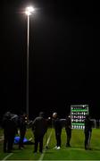 6 November 2021; Peamount United manager James O'Callaghan speaking to TG4 before the SSE Airtricity Women's National League match between Peamount United and DLR Waves at PLR Park in Greenogue, Dublin. Photo by Eóin Noonan/Sportsfile