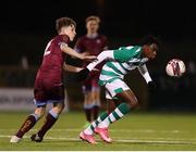 6 November 2021; Ike Orazi of Shamrock Rovers in action against Charlie Killeen of Galway United during the EA SPORTS National League of Ireland U14 League Final match between Shamrock Rovers and Galway United at Athlone Town Stadium in Athlone, Westmeath. Photo by Michael P Ryan/Sportsfile