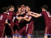 6 November 2021; Denis Sirbu of Galway United, second from right, celebrates with team-mates after scoring his side's first goal during the EA SPORTS National League of Ireland U14 League Final match between Shamrock Rovers and Galway United at Athlone Town Stadium in Athlone, Westmeath. Photo by Michael P Ryan/Sportsfile