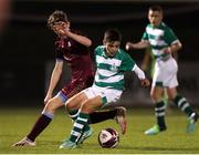 6 November 2021; Zak Reddy of Shamrock Rovers in action against Charlie Killeen of Galway United during the EA SPORTS National League of Ireland U14 League Final match between Shamrock Rovers and Galway United at Athlone Town Stadium in Athlone, Westmeath. Photo by Michael P Ryan/Sportsfile