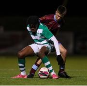 6 November 2021; Ike Orazi of Shamrock Rovers in action against Denis Sirbu of Galway United during the EA SPORTS National League of Ireland U14 League Final match between Shamrock Rovers and Galway United at Athlone Town Stadium in Athlone, Westmeath. Photo by Michael P Ryan/Sportsfile