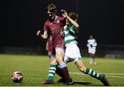6 November 2021; Donnacha Sammon of Galway United in action against Hugo Gwiazdowski of Shamrock Rovers during the EA SPORTS National League of Ireland U14 League Final match between Shamrock Rovers and Galway United at Athlone Town Stadium in Athlone, Westmeath. Photo by Michael P Ryan/Sportsfile