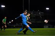 6 November 2021; Jess Gleeson of DLR Waves in action against Rebecca Watkins of Peamount United during the SSE Airtricity Women's National League match between Peamount United and DLR Waves at PLR Park in Greenogue, Dublin. Photo by Eóin Noonan/Sportsfile