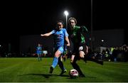 6 November 2021; Karen Duggan of Peamount United in action against Aoife Brophy of DLR Waves during the SSE Airtricity Women's National League match between Peamount United and DLR Waves at PLR Park in Greenogue, Dublin. Photo by Eóin Noonan/Sportsfile
