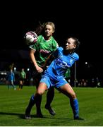 6 November 2021; Kerri Letmon of DLR Waves in action against Rebecca Watkins of Peamount United during the SSE Airtricity Women's National League match between Peamount United and DLR Waves at PLR Park in Greenogue, Dublin. Photo by Eóin Noonan/Sportsfile