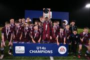 6 November 2021; Galway United captain Tommy Lillis lifts the cup during the EA SPORTS National League of Ireland U14 League Final match between Shamrock Rovers and Galway United at Athlone Town Stadium in Athlone, Westmeath. Photo by Michael P Ryan/Sportsfile