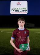 6 November 2021; Donnacha Sammon of Galway United with his player of the match award during the EA SPORTS National League of Ireland U14 League Final match between Shamrock Rovers and Galway United at Athlone Town Stadium in Athlone, Westmeath. Photo by Michael P Ryan/Sportsfile