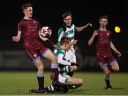 6 November 2021; Donnacha Sammon of Galway United in action against Olaf Boruc of Shamrock Rovers during the EA SPORTS National League of Ireland U14 League Final match between Shamrock Rovers and Galway United at Athlone Town Stadium in Athlone, Westmeath. Photo by Michael P Ryan/Sportsfile