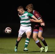 6 November 2021; Darragh Marshall of Shamrock Rovers in action against Tommy Lillis of Galway United during the EA SPORTS National League of Ireland U14 League Final match between Shamrock Rovers and Galway United at Athlone Town Stadium in Athlone, Westmeath. Photo by Michael P Ryan/Sportsfile