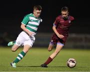 6 November 2021; Darragh Marshall of Shamrock Rovers in action against Eoin Hannon of Galway United during the EA SPORTS National League of Ireland U14 League Final match between Shamrock Rovers and Galway United at Athlone Town Stadium in Athlone, Westmeath. Photo by Michael P Ryan/Sportsfile