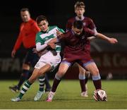 6 November 2021; Ruairi Keady of Galway United in action against Zak Reddy of Shamrock Rovers during the EA SPORTS National League of Ireland U14 League Final match between Shamrock Rovers and Galway United at Athlone Town Stadium in Athlone, Westmeath. Photo by Michael P Ryan/Sportsfile