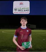 6 November 2021; Donnacha Sammon of Galway United with his player off the match award during the EA SPORTS National League of Ireland U14 League Final match between Shamrock Rovers and Galway United at Athlone Town Stadium in Athlone, Westmeath. Photo by Michael P Ryan/Sportsfile