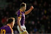 7 November 2021; Sarán Ó Fionnagáin of Wolfe Tones celebrates after scoring his side's first goal during the Meath County Senior Club Football Championship Final match between St Peter's Dunboyne and Wolfe Tones at Páirc Tailteann in Navan, Meath. Photo by Seb Daly/Sportsfile