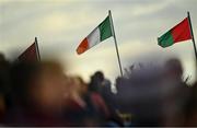 7 November 2021; A view of the tricolour as supporters and players stand for the playing of Amhrán na bhFiann before the Longford County Senior Club Football Championship Final match between Mostrim and Mullinalaghta St Columba's at Glennon Brothers Pearse Park in Longford. Photo by Eóin Noonan/Sportsfile