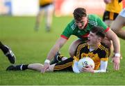 7 November 2021; Ben Smith of Ramor United reacts after being taken down by Conor Brady of Gowna during the Cavan County Senior Club Football Championship Final match between Gowna and Ramor United at Kingspan Breffni in Cavan. Photo by Oliver McVeigh/Sportsfile