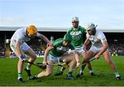 7 November 2021; Evan Shefflin of Ballyhale Shamrocks gathers possession under pressire from Paddy Butler, left, and Mark Bergin of O'Loughlin Gaels during the Kilkenny County Senior Club Hurling Championship Final match between Ballyhale Shamrocks and O'Loughlin Gaels at UPMC Nowlan Park in Kilkenny. Photo by Brendan Moran/Sportsfile