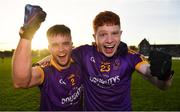 7 November 2021; Brughach Ó Fionnagáin, left, and Gearóid O’Brien of Wolfe Tones celebrate after their side's victory in the Meath County Senior Club Football Championship Final match between St Peter's Dunboyne and Wolfe Tones at Páirc Tailteann in Navan, Meath. Photo by Seb Daly/Sportsfile