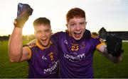 7 November 2021; Brughach Ó Fionnagáin, left, and Gearóid O’Brien of Wolfe Tones celebrate after their side's victory in the Meath County Senior Club Football Championship Final match between St Peter's Dunboyne and Wolfe Tones at Páirc Tailteann in Navan, Meath. Photo by Seb Daly/Sportsfile