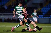7 November 2021; John O'Sullivan of Shamrock Rovers is tackled by Sean McCarthy of Bohemians during the EA SPORTS National Underage League of Ireland U15 League Final match between Shamrock Rovers and Bohemians at Athlone Town Stadium in Athlone, Westmeath. Photo by Sam Barnes/Sportsfile