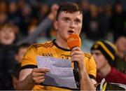 7 November 2021; St Eunan's captain Niall O'Donnell reads his notes for his speech after the Donegal County Senior Club Football Championship Final match between St Eunan's and Naomh Conaill at MacCumhaill Park in Ballybofey, Donegal. Photo by Ramsey Cardy/Sportsfile
