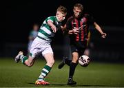 7 November 2021; Cian Dillon of Shamrock Rovers in action against Luca Cailloce of Bohemians during the EA SPORTS National Underage League of Ireland U15 League Final match between Shamrock Rovers and Bohemians at Athlone Town Stadium in Athlone, Westmeath. Photo by Sam Barnes/Sportsfile