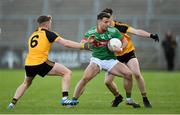 7 November 2021; Conor Madden of Gowna in action against Jack Brady and Cathal Maguire of Ramor United during the Cavan County Senior Club Football Championship Final match between Gowna and Ramor United at Kingspan Breffni in Cavan. Photo by Oliver McVeigh/Sportsfile