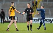 7 November 2021; Referee Pat Clarke and Killian Maguire of Ramor United shake hands after the final whistle as Gowna joint-manager Fintan Reilly, right, enters the field after the Cavan County Senior Club Football Championship Final match between Gowna and Ramor United at Kingspan Breffni in Cavan. Photo by Oliver McVeigh/Sportsfile