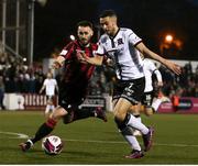 7 November 2021; Michael Duffy of Dundalk in action against Shane Elworthy of Longford Town during the SSE Airtricity League Premier Division match between Dundalk and Longford Town at Oriel Park in Dundalk, Louth. Photo by Michael P Ryan/Sportsfile