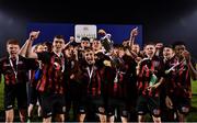 7 November 2021; Bohemians captain Danny McGrath, centre, and team-mates celebrate with the cup after their side's victory in the EA SPORTS National Underage League of Ireland U15 League Final match between Shamrock Rovers and Bohemians at Athlone Town Stadium in Athlone, Westmeath. Photo by Sam Barnes/Sportsfile