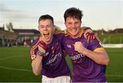 7 November 2021; Conor Sheppard, left, and Daniel O’Neill of Wolfe Tones celebrate after their side's victory in the Meath County Senior Club Football Championship Final match between St Peter's Dunboyne and Wolfe Tones at Páirc Tailteann in Navan, Meath. Photo by Seb Daly/Sportsfile