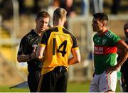 7 November 2021; Referee Pat Clarke speaking to Ramor United Captain Ado Cole and  Gowna Captain Ryan McGahern before the Cavan County Senior Club Football Championship Final match between Gowna and Ramor United at Kingspan Breffni in Cavan. Photo by Oliver McVeigh/Sportsfile