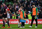 6 November 2021; James Ryan, Craig Casey and Harry Byrne of Ireland after the Autumn Nations Series match between Ireland and Japan at Aviva Stadium in Dublin. Photo by Ramsey Cardy/Sportsfile