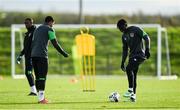 8 November 2021; Festy Ebosele, right, and Armstrong Oko-Flex during a Republic of Ireland U21's training session at the FAI National Training Centre in Abbotstown in Dublin. Photo by Harry Murphy/Sportsfile