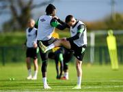 8 November 2021; Andy Lyons, right, and Joshua Ogunfaolu-Kayode during a Republic of Ireland U21's training session at the FAI National Training Centre in Abbotstown in Dublin. Photo by Harry Murphy/Sportsfile