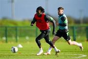 8 November 2021; Joshua Ogunfaolu-Kayode and Will Ferry during a Republic of Ireland U21's training session at the FAI National Training Centre in Abbotstown in Dublin. Photo by Harry Murphy/Sportsfile