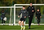 8 November 2021; Gavin Kilkenny watched by Coach John O'Shea during a Republic of Ireland U21's training session at the FAI National Training Centre in Abbotstown in Dublin. Photo by Harry Murphy/Sportsfile