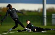 8 November 2021; Joshua Ogunfaolu-Kayode and goalkeeper Luke McNicholas during a Republic of Ireland U21's training session at the FAI National Training Centre in Abbotstown in Dublin. Photo by Harry Murphy/Sportsfile