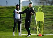 8 November 2021; Goalkeeping coach Rene Gilmartin with Joshua Ogunfaolu-Kayode during a Republic of Ireland U21's training session at the FAI National Training Centre in Abbotstown in Dublin. Photo by Harry Murphy/Sportsfile