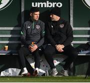 8 November 2021; John Egan, left, and David Forde, sports physiologist, during a Republic of Ireland training session at the FAI National Training Centre in Abbotstown, Dublin. Photo by Stephen McCarthy/Sportsfile