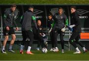 8 November 2021; Nathan Collins, left, Gavin Bazunu, cetren, and Mark Travers, right, during a Republic of Ireland training session at the FAI National Training Centre in Abbotstown, Dublin. Photo by Stephen McCarthy/Sportsfile