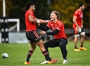 9 November 2021; Richie Mo'unga, left, and Damian McKenzie during New Zealand All Blacks rugby squad training at UCD Bowl in Dublin. Photo by David Fitzgerald/Sportsfile