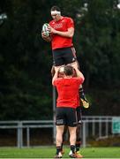 9 November 2021; Brodie Retallick is lifted by Dane Coles during New Zealand All Blacks rugby squad training at UCD Bowl in Dublin. Photo by David Fitzgerald/Sportsfile